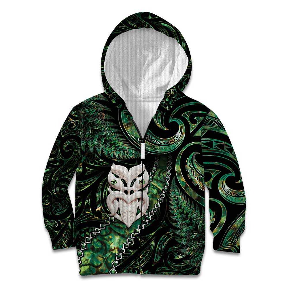 New Zealand Aotearoa Kid Hoodie Maori Wheku Paua Shell Glitter Green LT05 Zip Hoodie Green - Polynesian Pride