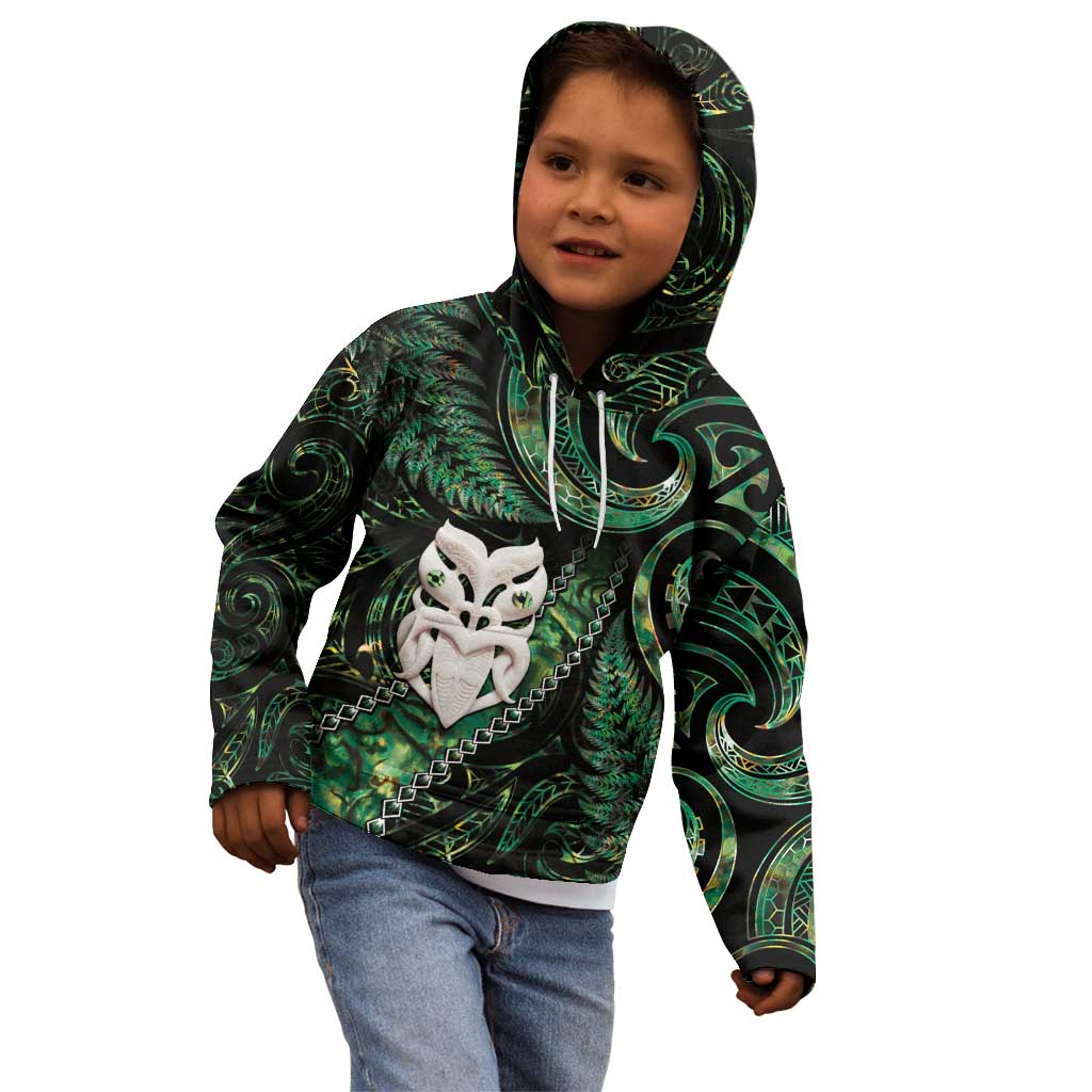 New Zealand Aotearoa Kid Hoodie Maori Wheku Paua Shell Glitter Green LT05 - Polynesian Pride