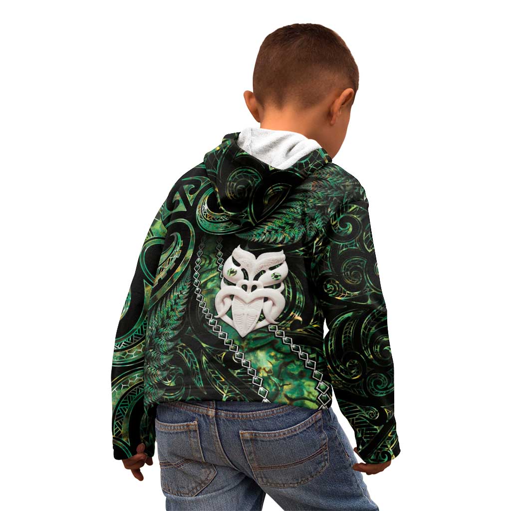 New Zealand Aotearoa Kid Hoodie Maori Wheku Paua Shell Glitter Green LT05 - Polynesian Pride