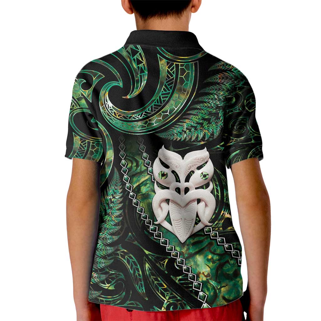 New Zealand Aotearoa Kid Polo Shirt Maori Wheku Paua Shell Glitter Green LT05 - Polynesian Pride