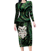 New Zealand Aotearoa Long Sleeve Bodycon Dress Maori Wheku Paua Shell Glitter Green LT05 Long Dress Green - Polynesian Pride