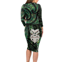 New Zealand Aotearoa Long Sleeve Bodycon Dress Maori Wheku Paua Shell Glitter Green LT05 - Polynesian Pride