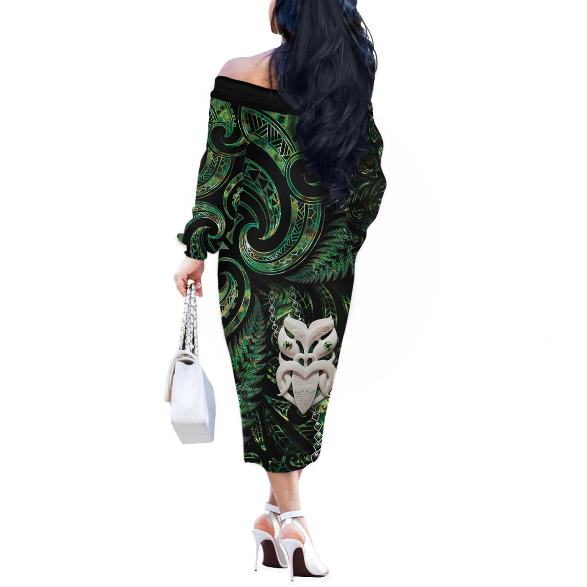 New Zealand Aotearoa Off The Shoulder Long Sleeve Dress Maori Wheku Paua Shell Glitter Green LT05 - Polynesian Pride