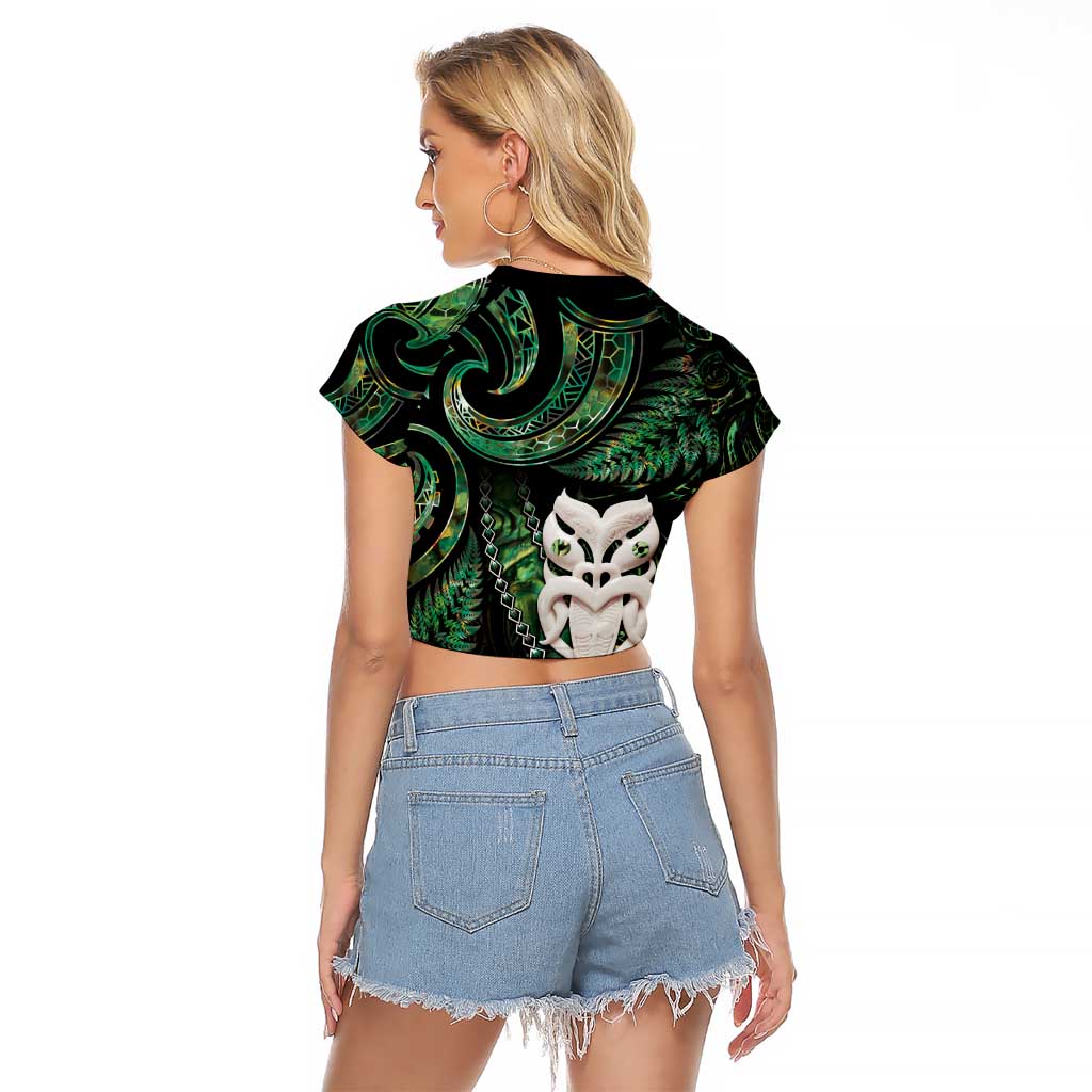New Zealand Aotearoa Raglan Cropped T Shirt Maori Wheku Paua Shell Glitter Green LT05 - Polynesian Pride