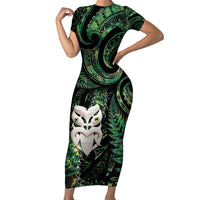 New Zealand Aotearoa Short Sleeve Bodycon Dress Maori Wheku Paua Shell Glitter Green LT05 Long Dress Green - Polynesian Pride