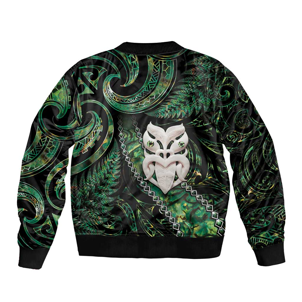 New Zealand Aotearoa Sleeve Zip Bomber Jacket Maori Wheku Paua Shell Glitter Green