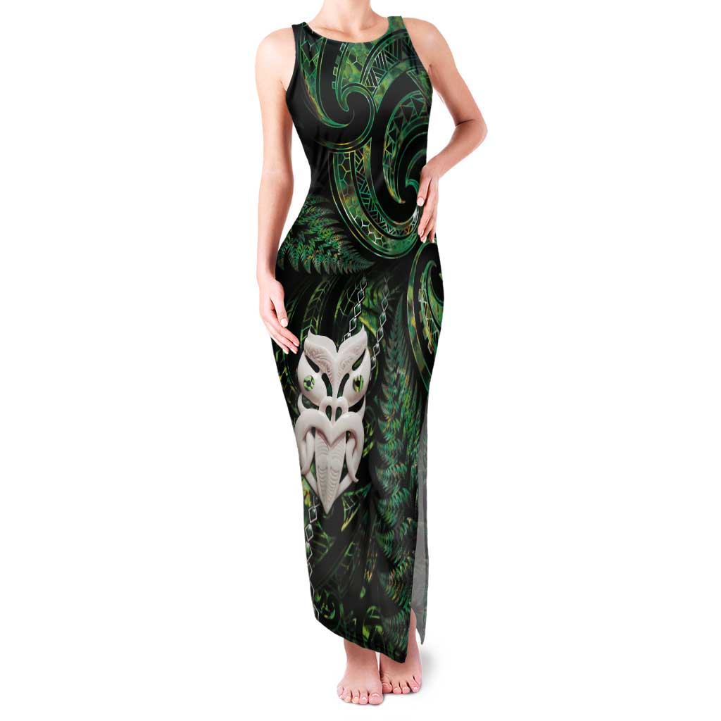 New Zealand Aotearoa Tank Maxi Dress Maori Wheku Paua Shell Glitter Green LT05 Women Green - Polynesian Pride