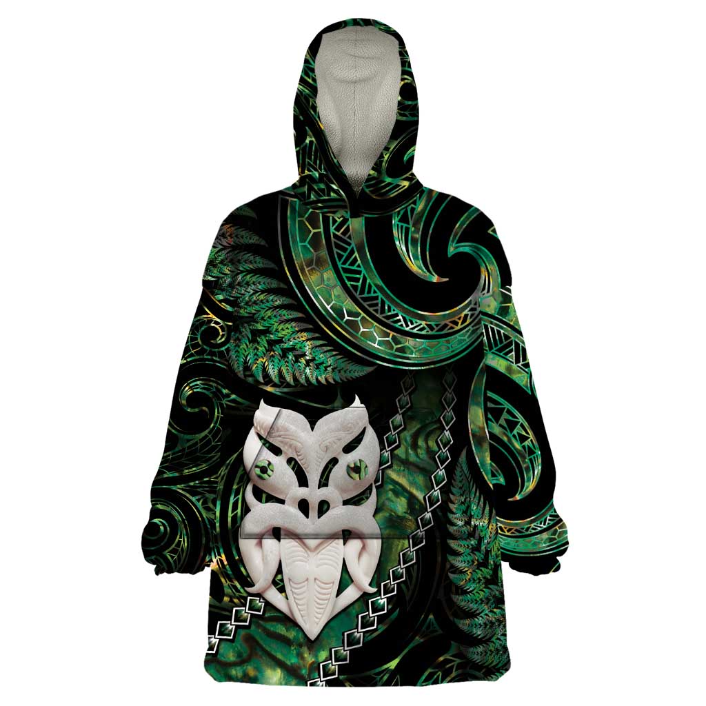New Zealand Aotearoa Wearable Blanket Hoodie Maori Wheku Paua Shell Glitter Green LT05 One Size Green - Polynesian Pride
