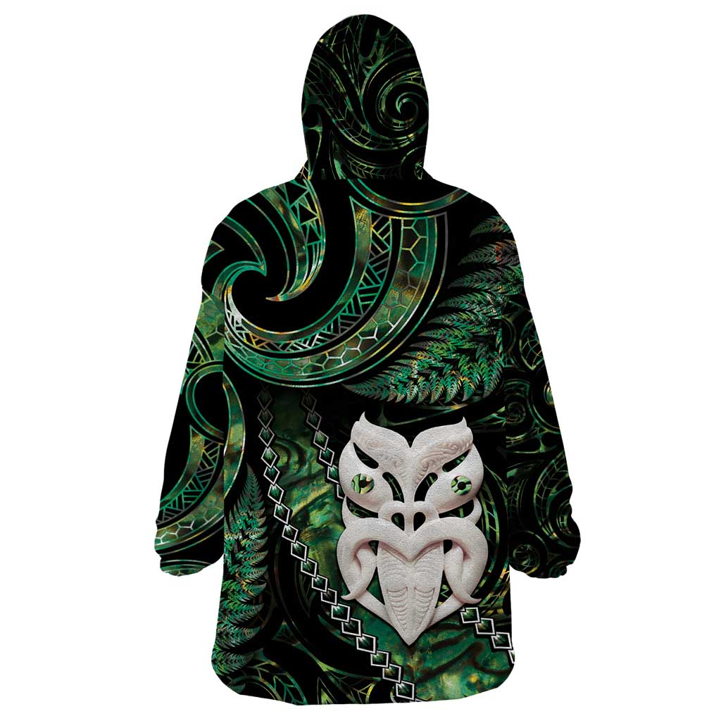 New Zealand Aotearoa Wearable Blanket Hoodie Maori Wheku Paua Shell Glitter Green LT05 - Polynesian Pride