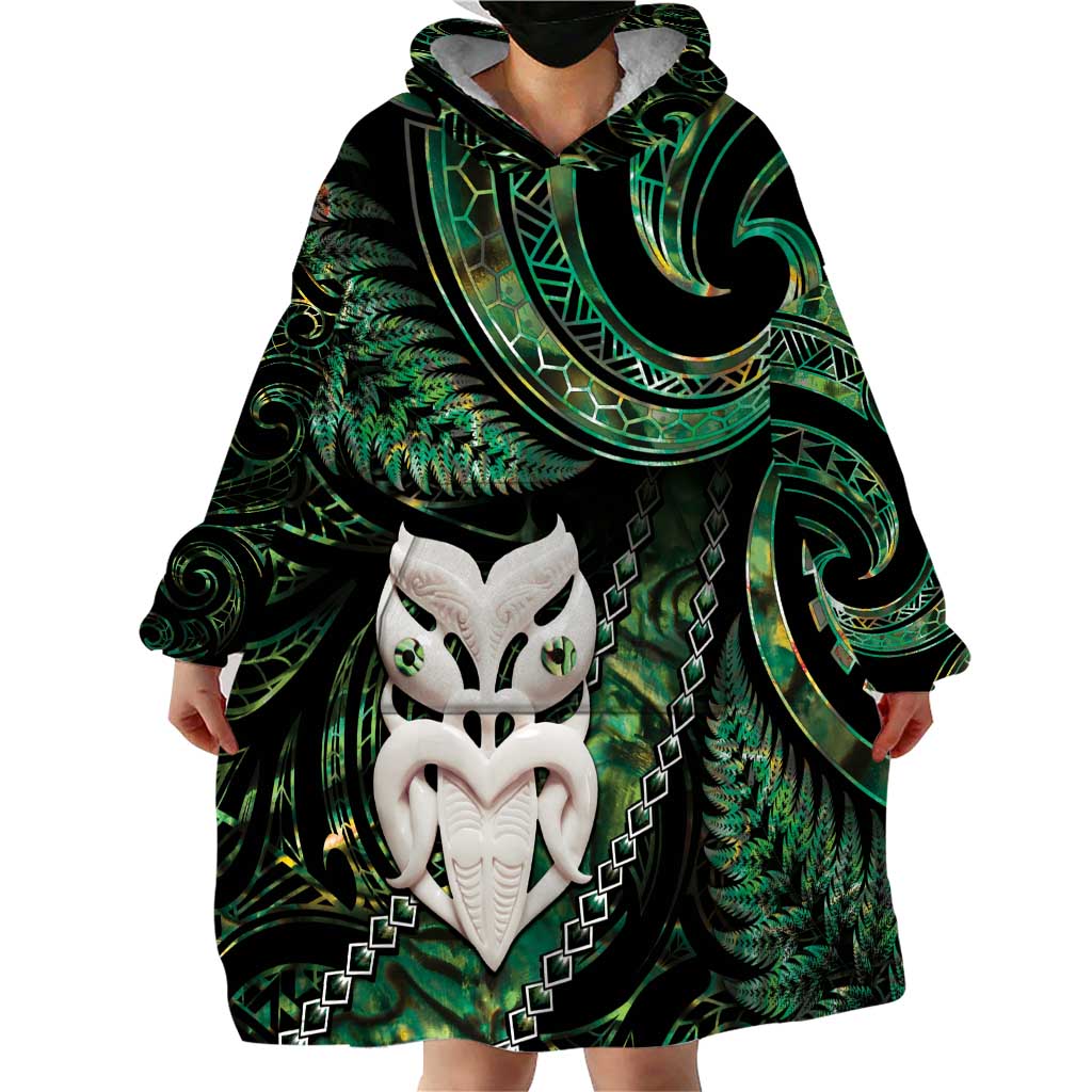 New Zealand Aotearoa Wearable Blanket Hoodie Maori Wheku Paua Shell Glitter Green LT05 - Polynesian Pride