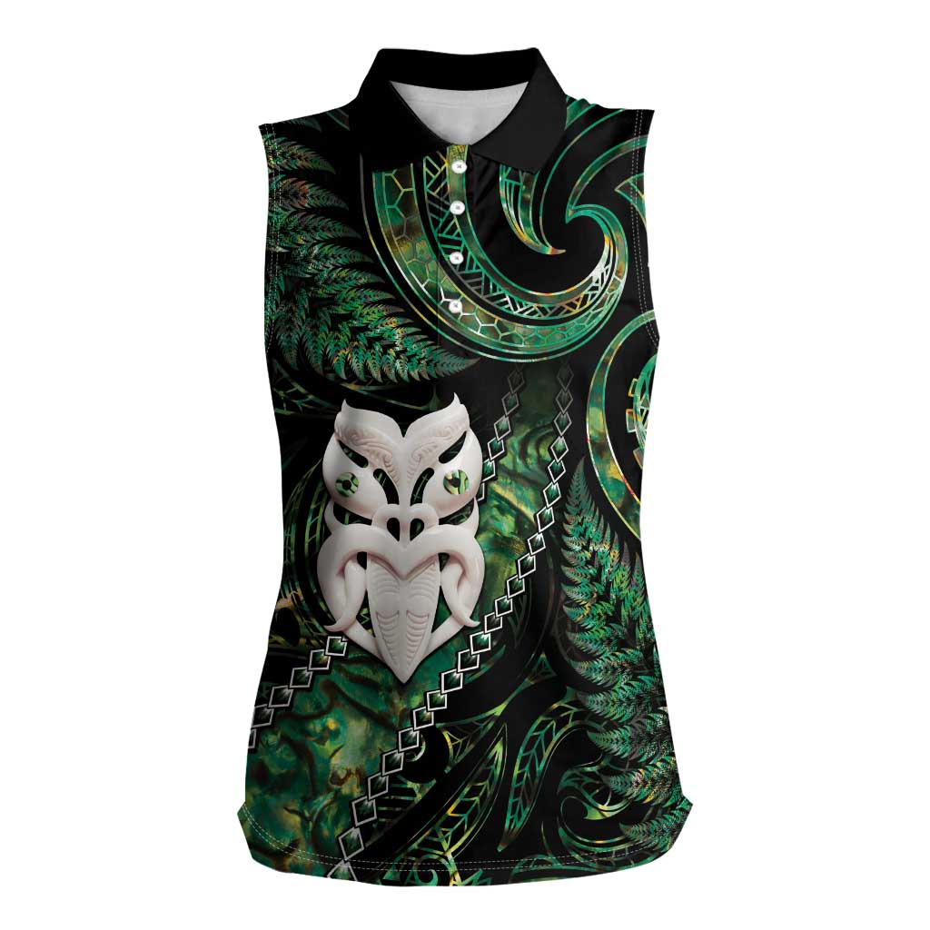 New Zealand Aotearoa Women Sleeveless Polo Shirt Maori Wheku Paua Shell Glitter Green LT05 Female Green - Polynesian Pride