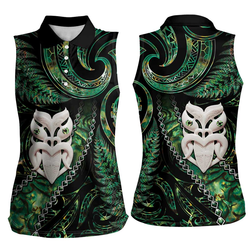 New Zealand Aotearoa Women Sleeveless Polo Shirt Maori Wheku Paua Shell Glitter Green LT05 - Polynesian Pride