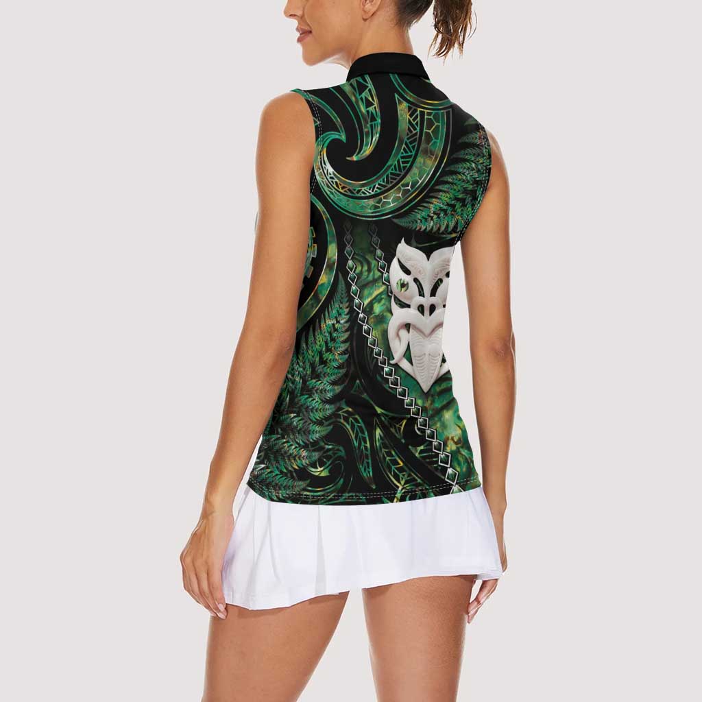 New Zealand Aotearoa Women Sleeveless Polo Shirt Maori Wheku Paua Shell Glitter Green LT05 - Polynesian Pride