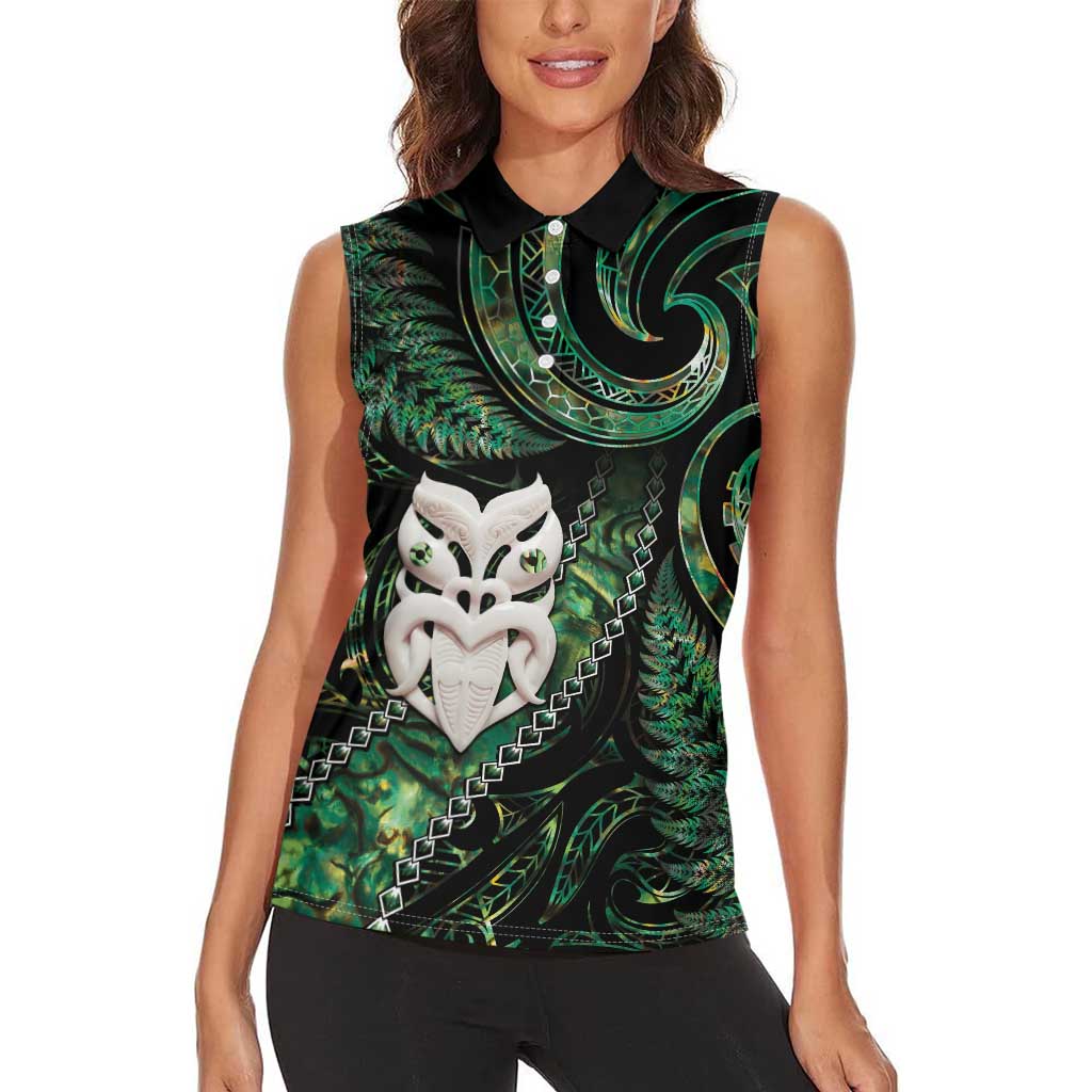 New Zealand Aotearoa Women Sleeveless Polo Shirt Maori Wheku Paua Shell Glitter Green LT05 - Polynesian Pride