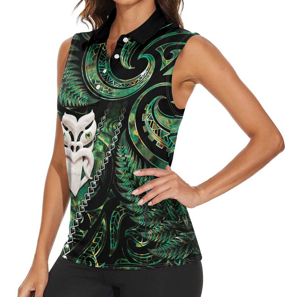 New Zealand Aotearoa Women Sleeveless Polo Shirt Maori Wheku Paua Shell Glitter Green LT05 - Polynesian Pride