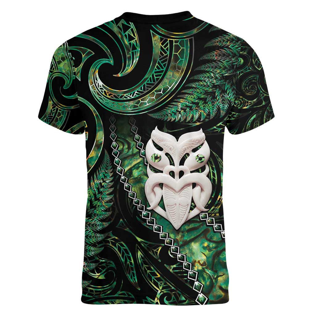 New Zealand Aotearoa Women V-Neck T-Shirt Maori Wheku Paua Shell Glitter Green LT05 - Polynesian Pride