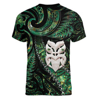 New Zealand Aotearoa Women V-Neck T-Shirt Maori Wheku Paua Shell Glitter Green LT05 - Polynesian Pride