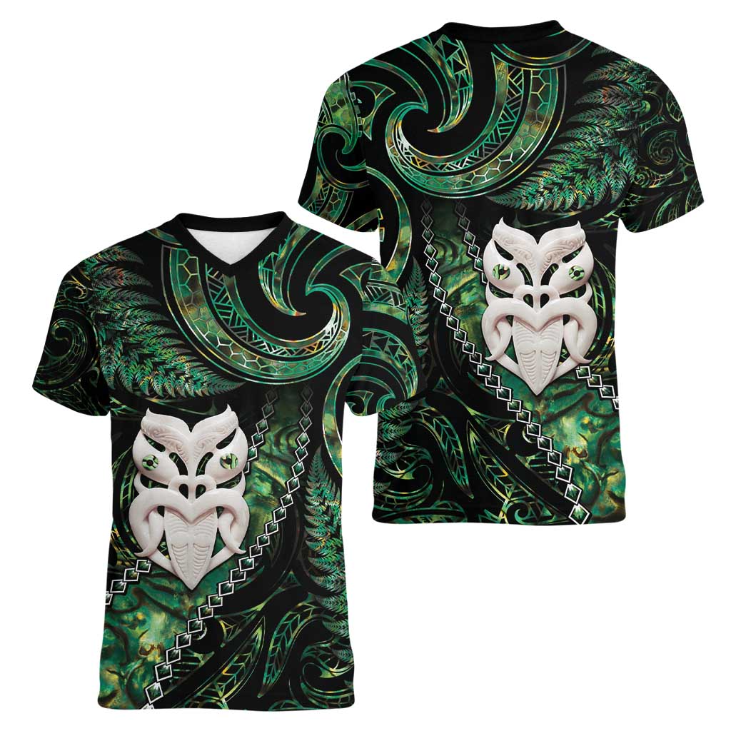 New Zealand Aotearoa Women V-Neck T-Shirt Maori Wheku Paua Shell Glitter Green LT05 - Polynesian Pride