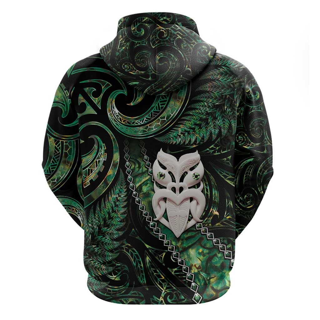 New Zealand Aotearoa Zip Hoodie Maori Wheku Paua Shell Glitter Green
