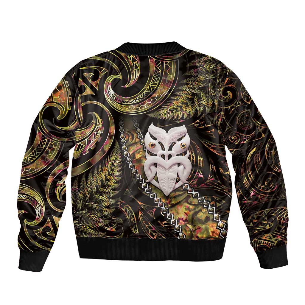 New Zealand Aotearoa Bomber Jacket Maori Wheku Paua Shell Glitter Gold