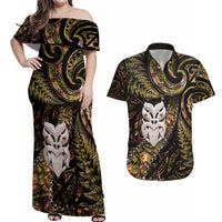 New Zealand Aotearoa Couples Matching Off Shoulder Maxi Dress and Hawaiian Shirt Maori Wheku Paua Shell Glitter Gold LT05 Gold - Polynesian Pride
