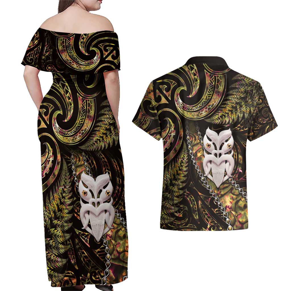 New Zealand Aotearoa Couples Matching Off Shoulder Maxi Dress and Hawaiian Shirt Maori Wheku Paua Shell Glitter Gold LT05 - Polynesian Pride