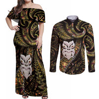 New Zealand Aotearoa Couples Matching Off Shoulder Maxi Dress and Long Sleeve Button Shirt Maori Wheku Paua Shell Glitter Gold LT05 Gold - Polynesian Pride