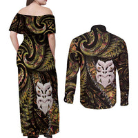 New Zealand Aotearoa Couples Matching Off Shoulder Maxi Dress and Long Sleeve Button Shirt Maori Wheku Paua Shell Glitter Gold LT05 - Polynesian Pride