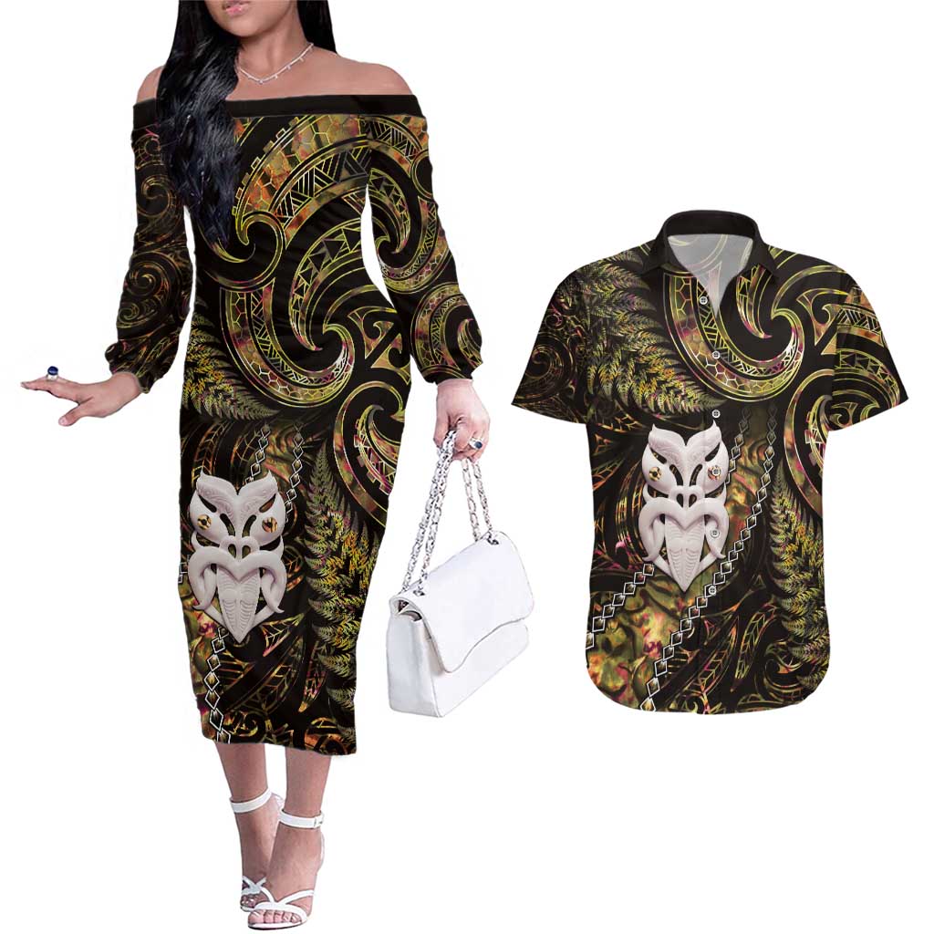 New Zealand Aotearoa Couples Matching Off The Shoulder Long Sleeve Dress and Hawaiian Shirt Maori Wheku Paua Shell Glitter Gold LT05 Gold - Polynesian Pride