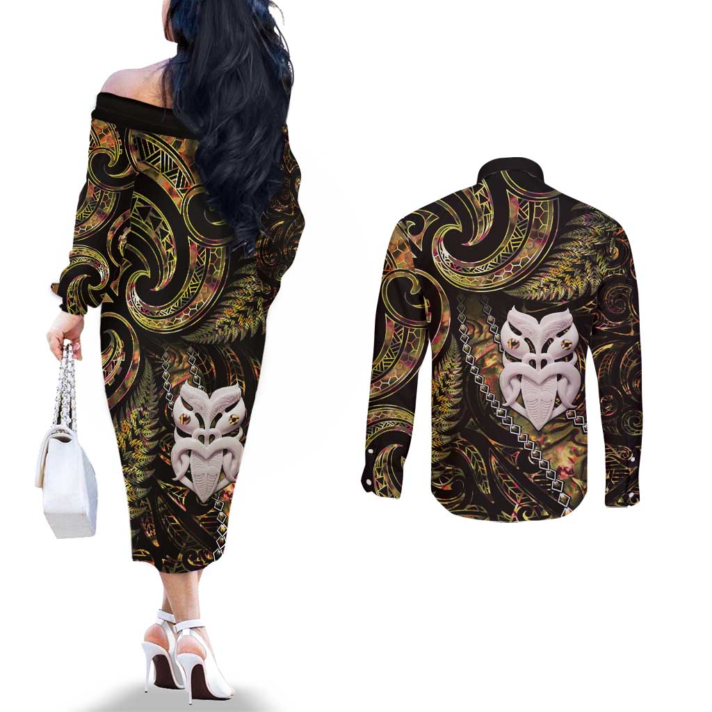 New Zealand Aotearoa Couples Matching Off The Shoulder Long Sleeve Dress and Long Sleeve Button Shirt Maori Wheku Paua Shell Glitter Gold LT05 - Polynesian Pride