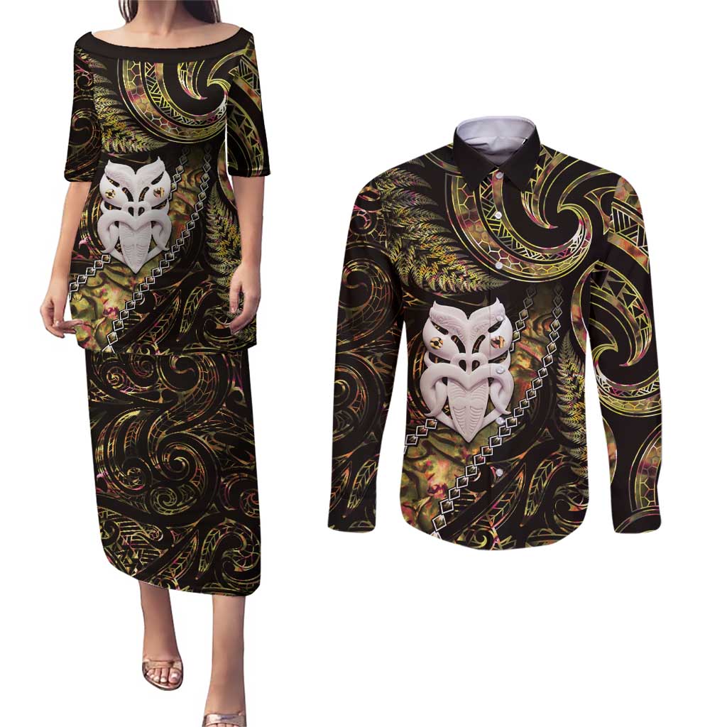 New Zealand Aotearoa Couples Matching Puletasi and Long Sleeve Button Shirt Maori Wheku Paua Shell Glitter Gold LT05 Gold - Polynesian Pride