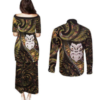 New Zealand Aotearoa Couples Matching Puletasi and Long Sleeve Button Shirt Maori Wheku Paua Shell Glitter Gold LT05 - Polynesian Pride