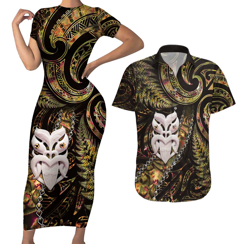 New Zealand Aotearoa Couples Matching Short Sleeve Bodycon Dress and Hawaiian Shirt Maori Wheku Paua Shell Glitter Gold LT05 Gold - Polynesian Pride