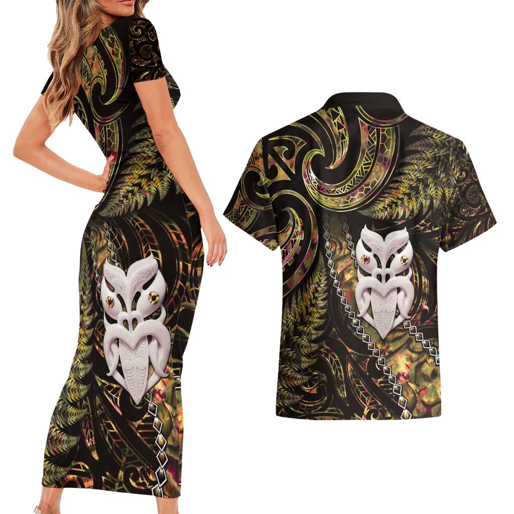 New Zealand Aotearoa Couples Matching Short Sleeve Bodycon Dress and Hawaiian Shirt Maori Wheku Paua Shell Glitter Gold LT05 - Polynesian Pride