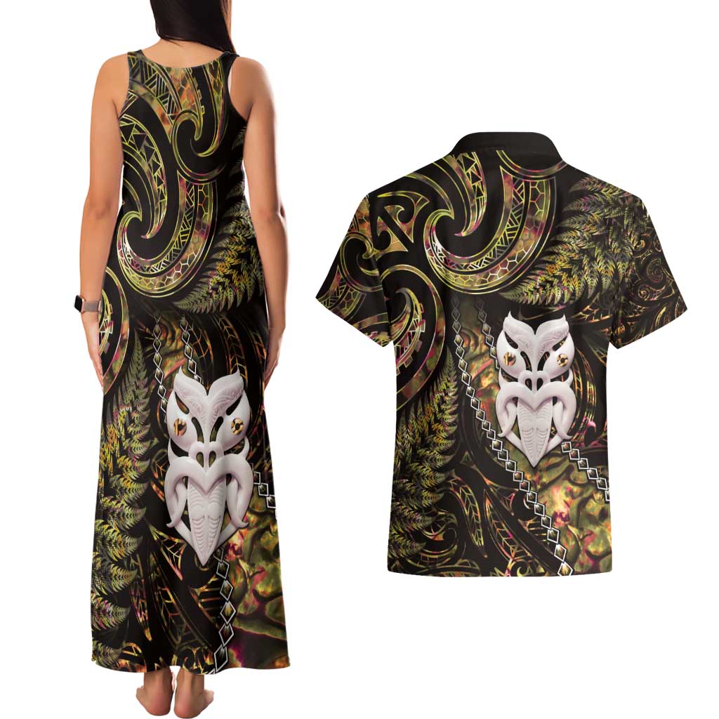 New Zealand Aotearoa Couples Matching Tank Maxi Dress and Hawaiian Shirt Maori Wheku Paua Shell Glitter Gold LT05 - Polynesian Pride