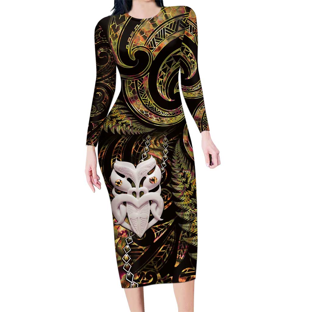 New Zealand Aotearoa Family Matching Long Sleeve Bodycon Dress and Hawaiian Shirt Maori Wheku Paua Shell Glitter Gold LT05 Mom's Dress Gold - Polynesian Pride