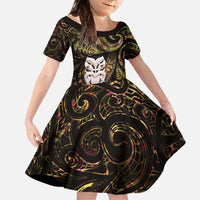 New Zealand Aotearoa Family Matching Off The Shoulder Long Sleeve Dress and Hawaiian Shirt Maori Wheku Paua Shell Glitter Gold LT05 Daughter's Dress Gold - Polynesian Pride