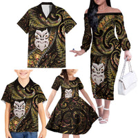 New Zealand Aotearoa Family Matching Off The Shoulder Long Sleeve Dress and Hawaiian Shirt Maori Wheku Paua Shell Glitter Gold LT05 - Polynesian Pride