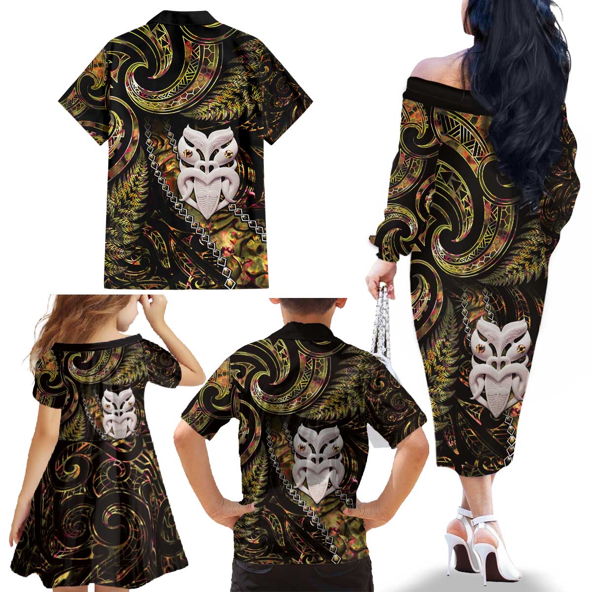 New Zealand Aotearoa Family Matching Off The Shoulder Long Sleeve Dress and Hawaiian Shirt Maori Wheku Paua Shell Glitter Gold LT05 - Polynesian Pride