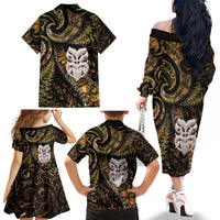 New Zealand Aotearoa Family Matching Off The Shoulder Long Sleeve Dress and Hawaiian Shirt Maori Wheku Paua Shell Glitter Gold LT05 - Polynesian Pride