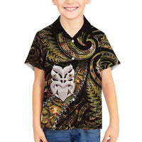 New Zealand Aotearoa Family Matching Off The Shoulder Long Sleeve Dress and Hawaiian Shirt Maori Wheku Paua Shell Glitter Gold LT05 Son's Shirt Gold - Polynesian Pride