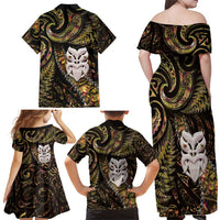 New Zealand Aotearoa Family Matching Off Shoulder Maxi Dress and Hawaiian Shirt Maori Wheku Paua Shell Glitter Gold LT05 - Polynesian Pride