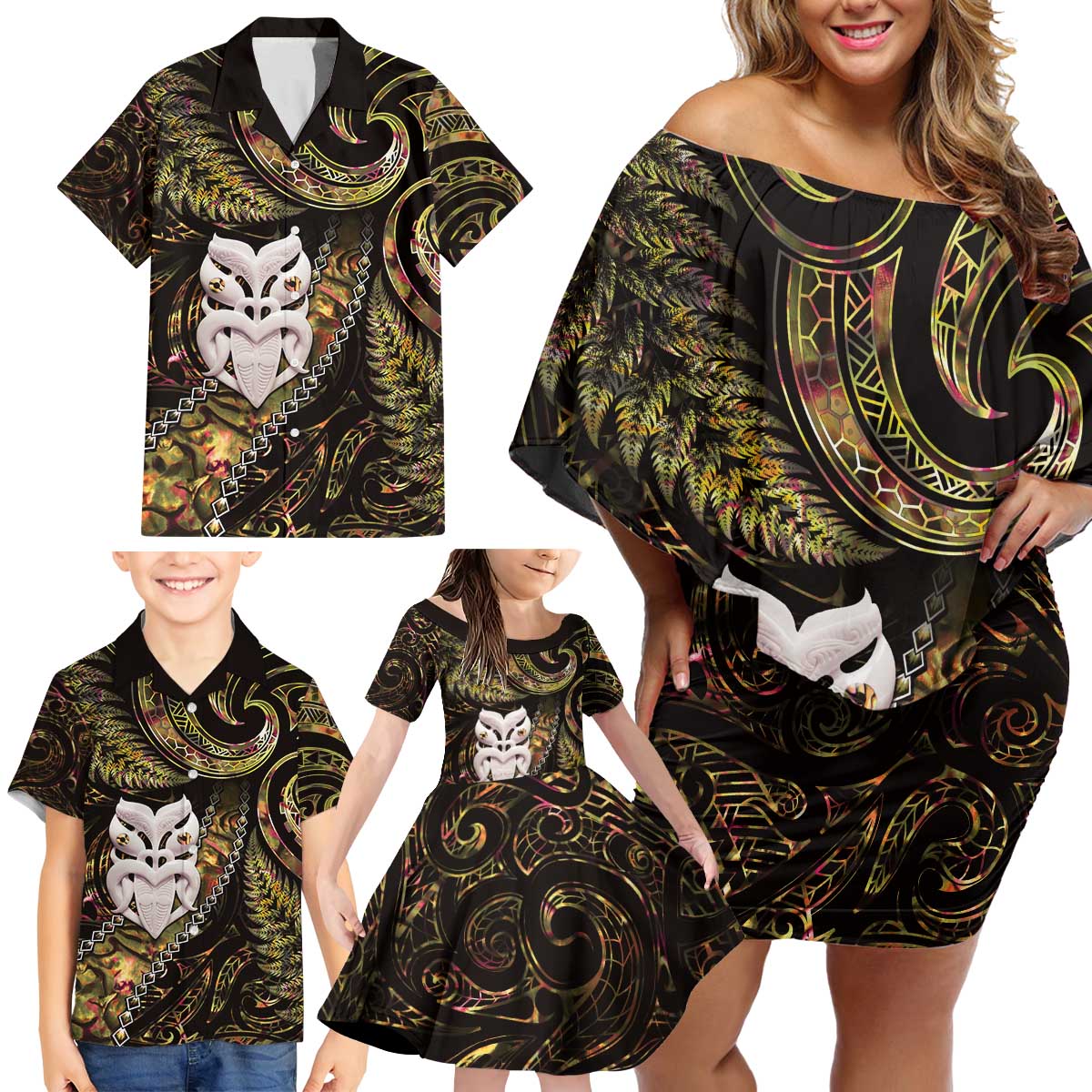 New Zealand Aotearoa Family Matching Off Shoulder Short Dress and Hawaiian Shirt Maori Wheku Paua Shell Glitter Gold LT05 - Polynesian Pride