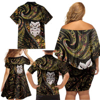 New Zealand Aotearoa Family Matching Off Shoulder Short Dress and Hawaiian Shirt Maori Wheku Paua Shell Glitter Gold LT05 - Polynesian Pride