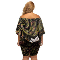 New Zealand Aotearoa Family Matching Off Shoulder Short Dress and Hawaiian Shirt Maori Wheku Paua Shell Glitter Gold LT05 - Polynesian Pride