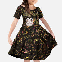 New Zealand Aotearoa Family Matching Puletasi and Hawaiian Shirt Maori Wheku Paua Shell Glitter Gold LT05 Daughter's Dress Gold - Polynesian Pride