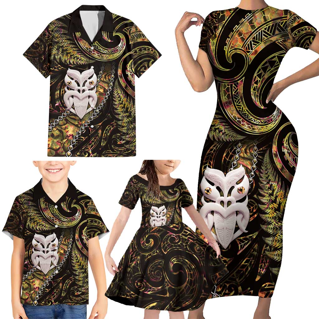 New Zealand Aotearoa Family Matching Short Sleeve Bodycon Dress and Hawaiian Shirt Maori Wheku Paua Shell Glitter Gold LT05 - Polynesian Pride