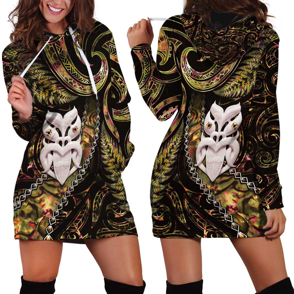 New Zealand Aotearoa Hoodie Dress Maori Wheku Paua Shell Glitter Gold LT05 - Polynesian Pride