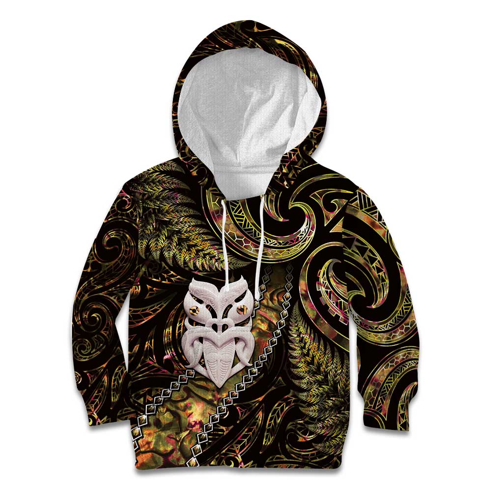 New Zealand Aotearoa Kid Hoodie Maori Wheku Paua Shell Glitter Gold LT05 Hoodie Gold - Polynesian Pride
