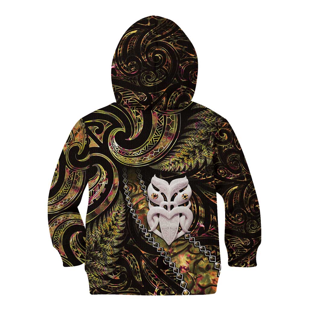 New Zealand Aotearoa Kid Hoodie Maori Wheku Paua Shell Glitter Gold LT05 - Polynesian Pride